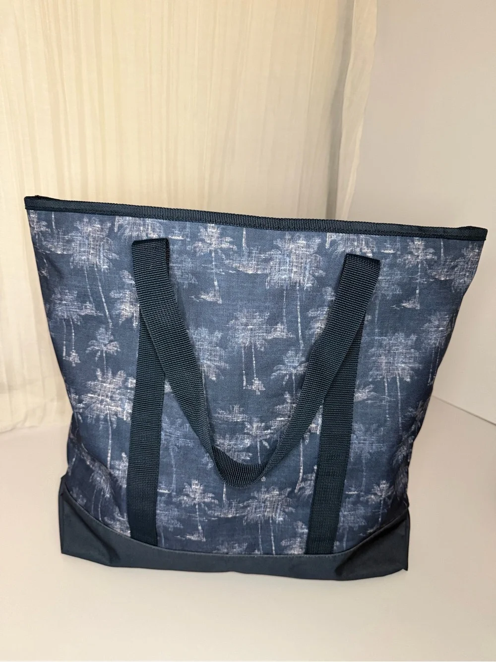 Navy Palm-Print Canvas Tote Bag